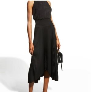 Elie Tahari Black Pleated Satin Midi Dress, XS